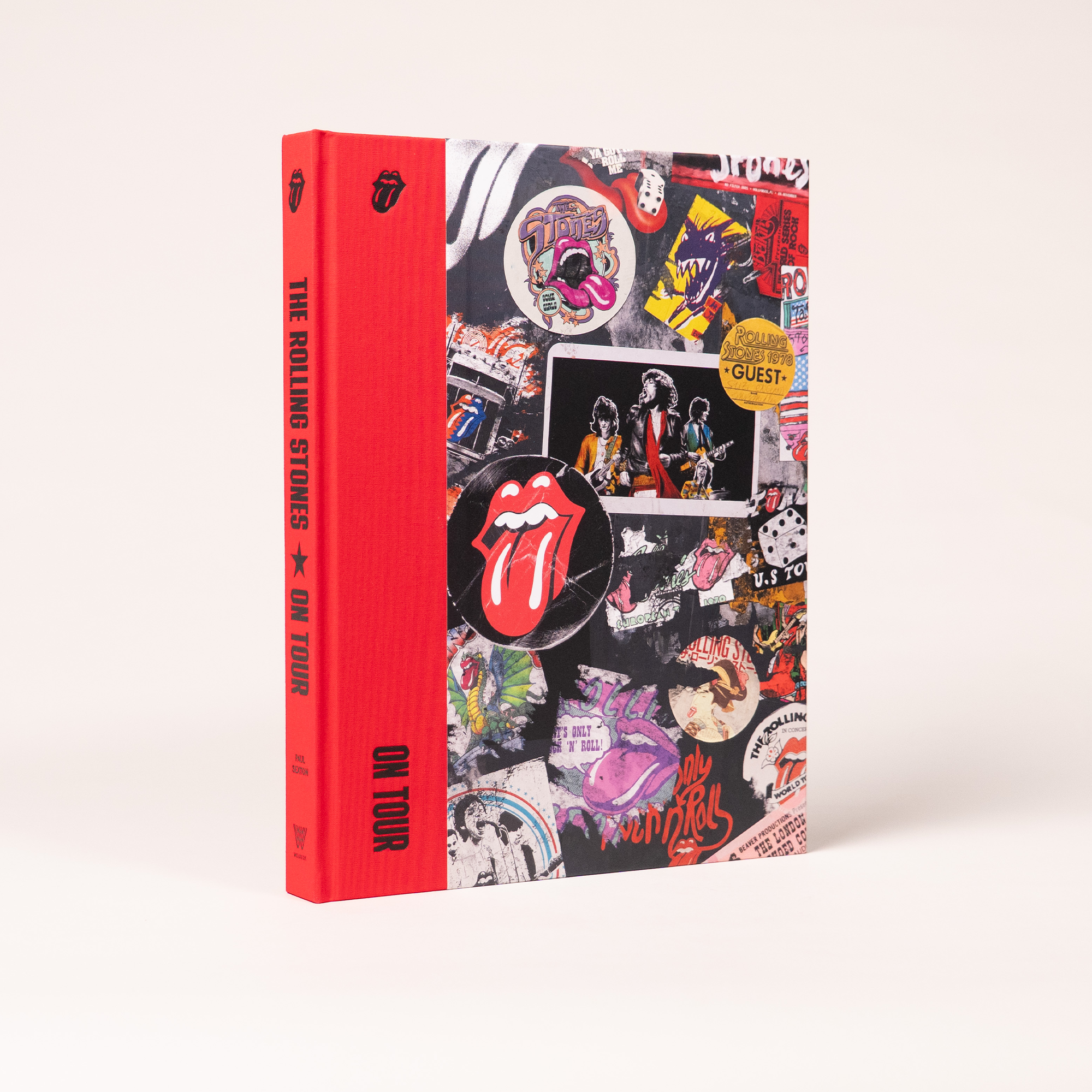 The front cover of The Rolling Stones: On Tour, featuring a collage of iconography and vivid red quarter binding.